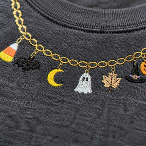 Spooky Season Halloween Necklace Sweatshirt, Embroidered Ghost Pumpkin Crewneck, Women Fall Shirt