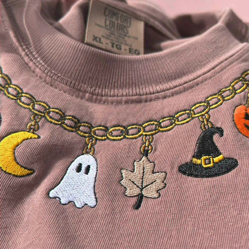 Fall Chain Necklace Halloween Sweatshirt, Embroidered Pumpkin Charm Crewneck, Witchy Halloween Gift