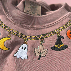 Fall Chain Necklace Halloween Sweatshirt, Embroidered Pumpkin Charm Crewneck, Witchy Halloween Gift