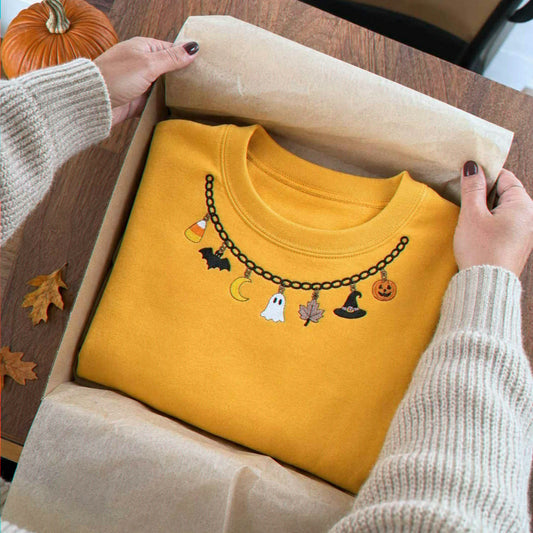 Spooky Season Halloween Necklace Sweatshirt, Embroidered Ghost Pumpkin Crewneck, Women Fall Shirt