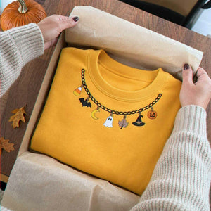 Spooky Season Halloween Necklace Sweatshirt, Embroidered Ghost Pumpkin Crewneck, Women Fall Shirt