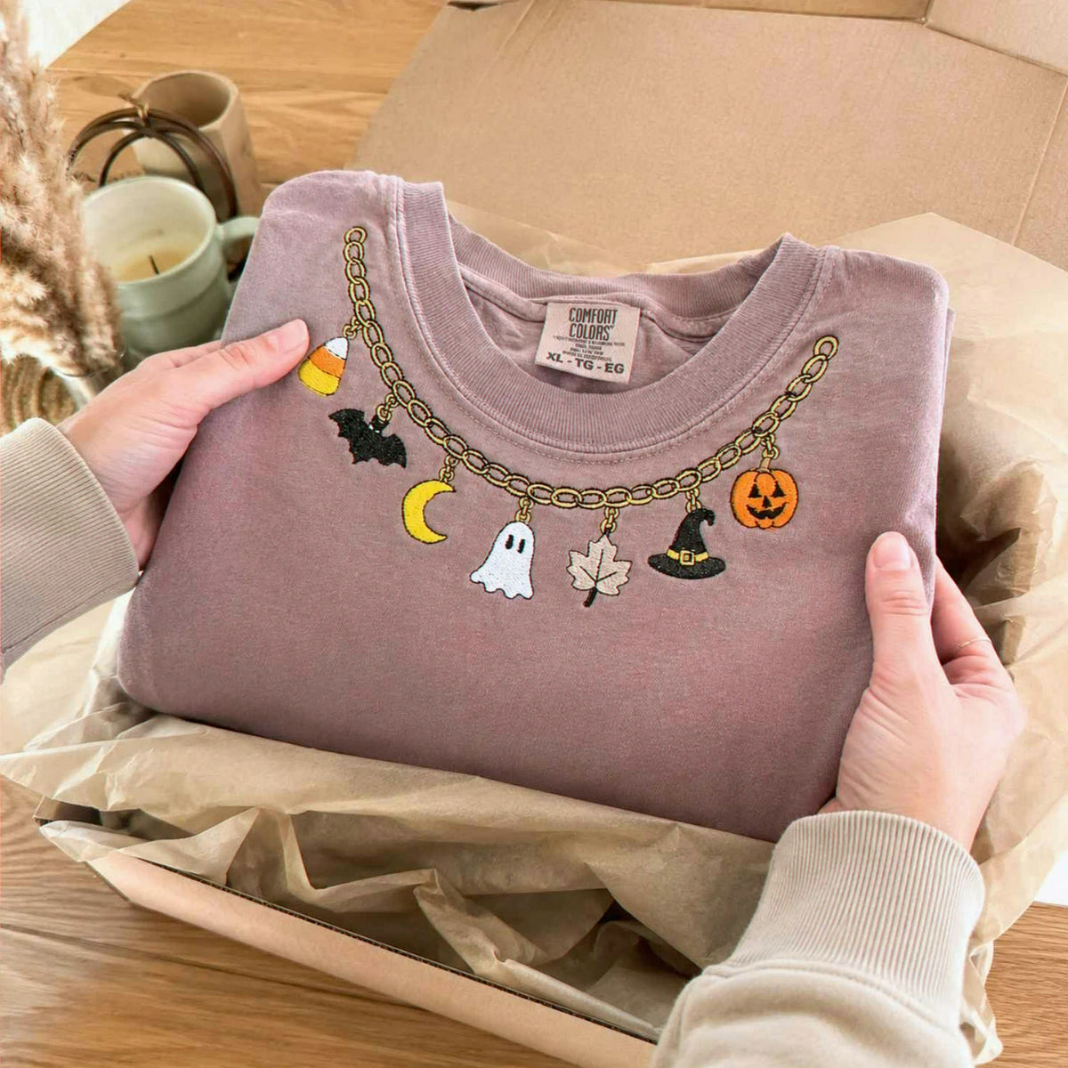 Fall Chain Necklace Halloween Sweatshirt, Embroidered Pumpkin Charm Crewneck, Witchy Halloween Gift