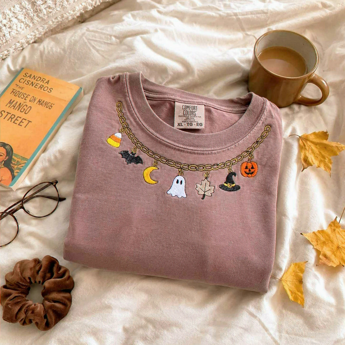 Fall Chain Necklace Halloween Sweatshirt, Embroidered Pumpkin Charm Crewneck, Witchy Halloween Gift