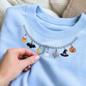 Spooky Season Halloween Necklace Sweatshirt, Embroidered Ghost Pumpkin Crewneck, Women Fall Shirt