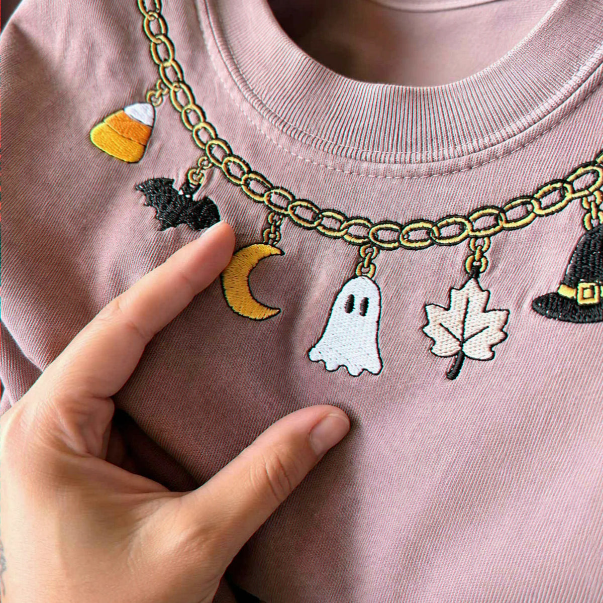 Fall Chain Necklace Halloween Sweatshirt, Embroidered Pumpkin Charm Crewneck, Witchy Halloween Gift