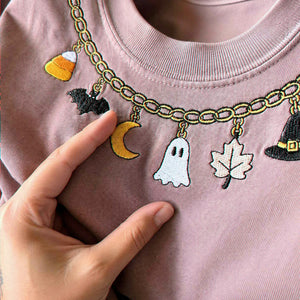 Fall Chain Necklace Halloween Sweatshirt, Embroidered Pumpkin Charm Crewneck, Witchy Halloween Gift