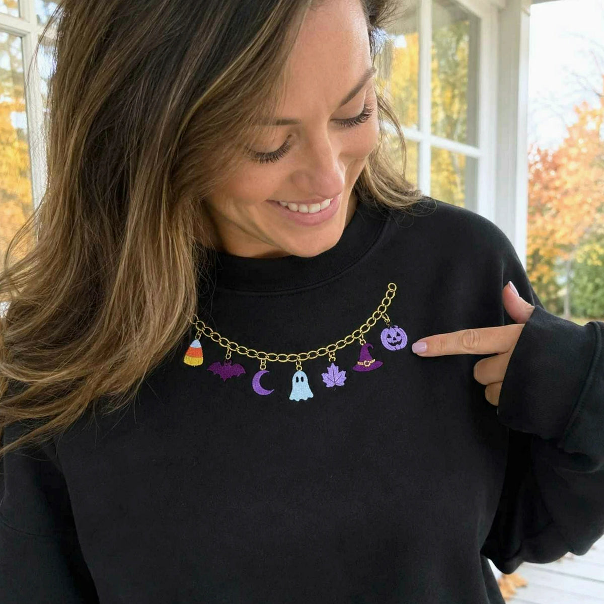 Spooky Season Halloween Necklace Sweatshirt, Embroidered Ghost Pumpkin Crewneck, Women Fall Shirt