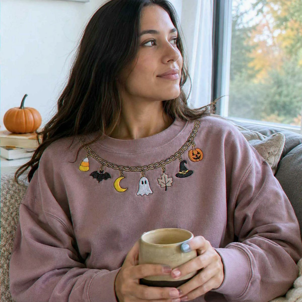 Fall Chain Necklace Halloween Sweatshirt, Embroidered Pumpkin Charm Crewneck, Witchy Halloween Gift