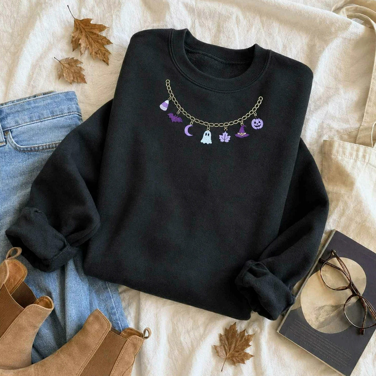 Spooky Season Halloween Necklace Sweatshirt, Embroidered Ghost Pumpkin Crewneck, Women Fall Shirt