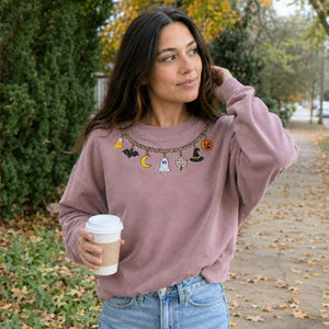 Fall Chain Necklace Halloween Sweatshirt, Embroidered Pumpkin Charm Crewneck, Witchy Halloween Gift