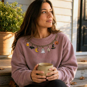 Fall Chain Necklace Halloween Sweatshirt, Embroidered Pumpkin Charm Crewneck, Witchy Halloween Gift