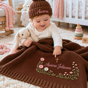 Personalized Floral Cross Baby Blanket, Embroidered Keepsake Knit Baby Blanket, Baptism Gift for Baby Girl