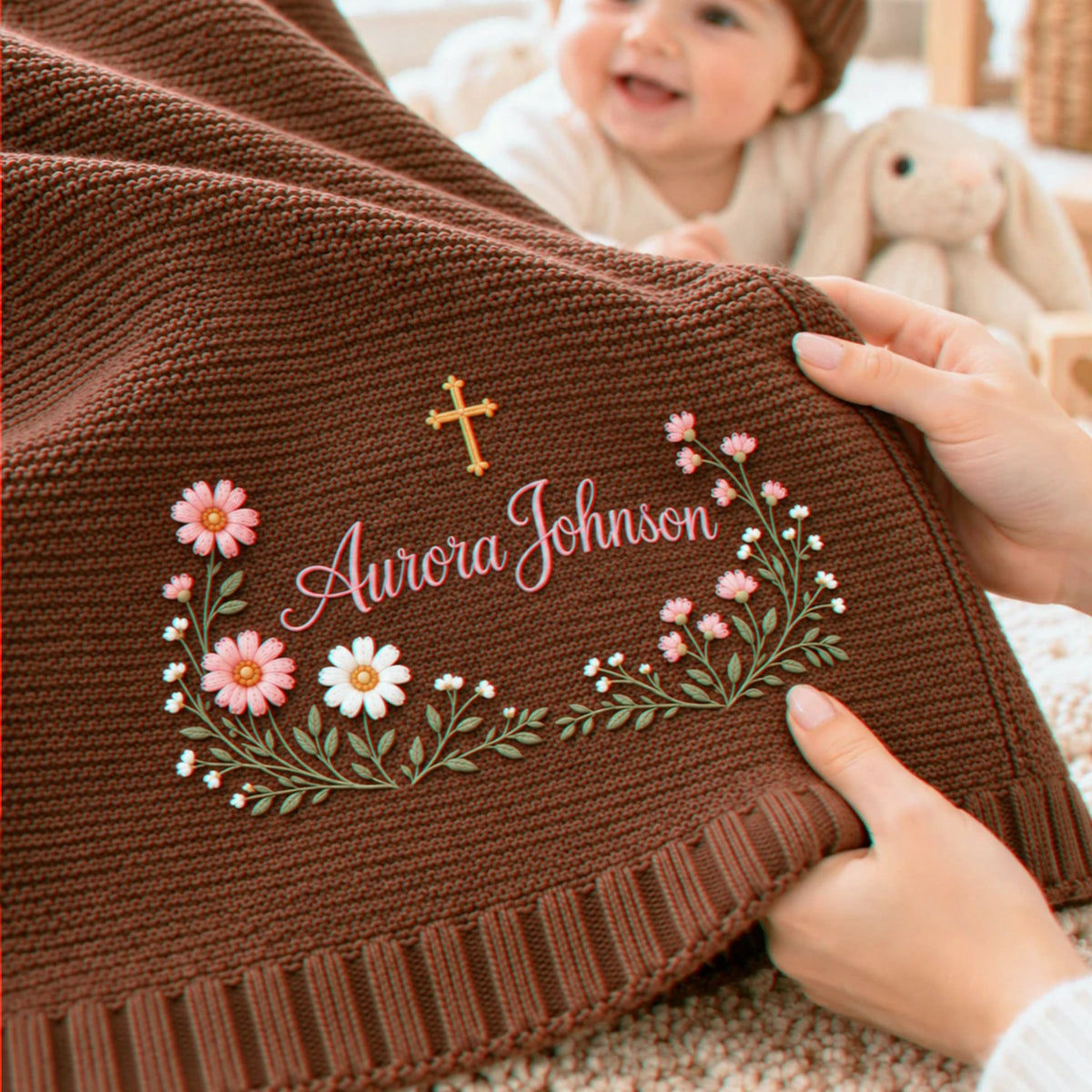 Personalized Floral Cross Baby Blanket, Embroidered Keepsake Knit Baby Blanket, Baptism Gift for Baby Girl