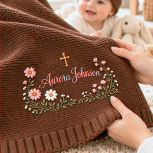 Personalized Floral Cross Baby Blanket, Embroidered Keepsake Knit Baby Blanket, Baptism Gift for Baby Girl