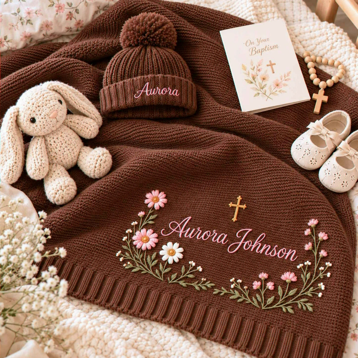 Personalized Floral Cross Baby Blanket, Embroidered Keepsake Knit Baby Blanket, Baptism Gift for Baby Girl