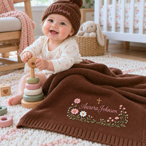 Personalized Floral Cross Baby Blanket, Embroidered Keepsake Knit Baby Blanket, Baptism Gift for Baby Girl
