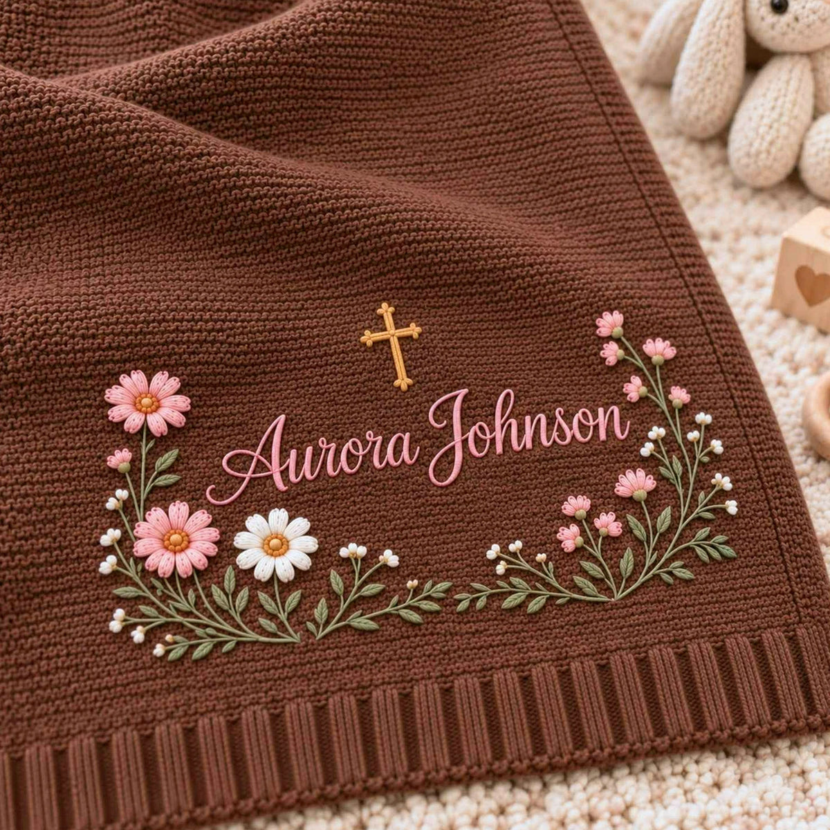 Personalized Floral Cross Baby Blanket, Embroidered Keepsake Knit Baby Blanket, Baptism Gift for Baby Girl