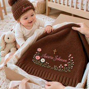 Personalized Floral Cross Baby Blanket, Embroidered Keepsake Knit Baby Blanket, Baptism Gift for Baby Girl
