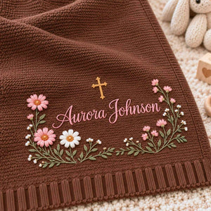 Personalized Floral Cross Baby Blanket, Embroidered Keepsake Knit Baby Blanket, Baptism Gift for Baby Girl