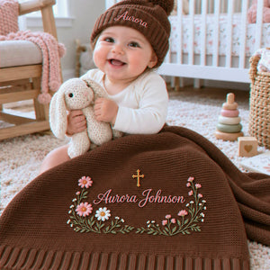 Personalized Floral Cross Baby Blanket, Embroidered Keepsake Knit Baby Blanket, Baptism Gift for Baby Girl