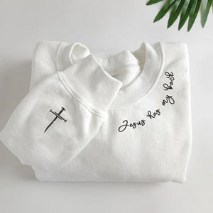 Christian Sweatshirt, Jesus Has My Back Embroidered Hoodie with Custom on Sleeve