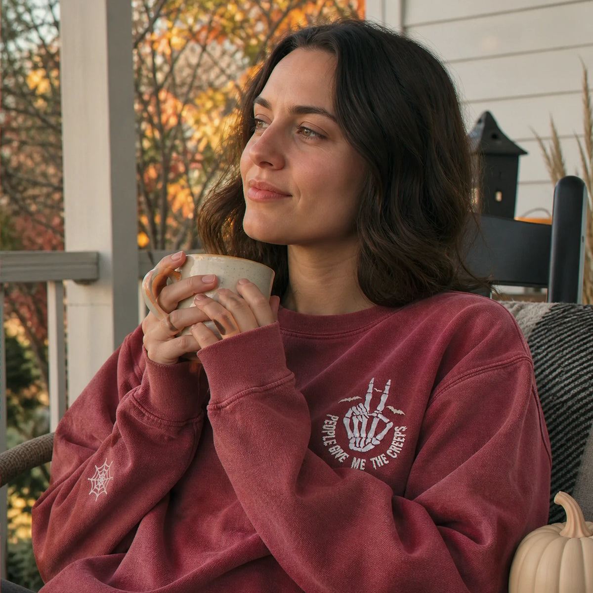 Embroidered Comfort Color® Halloween Sweatshirt - People Give Me The Creeps Skeleton Hand Pullover