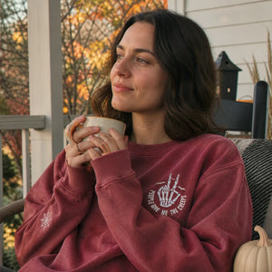 Embroidered Comfort Color® Halloween Sweatshirt - People Give Me The Creeps Skeleton Hand Pullover