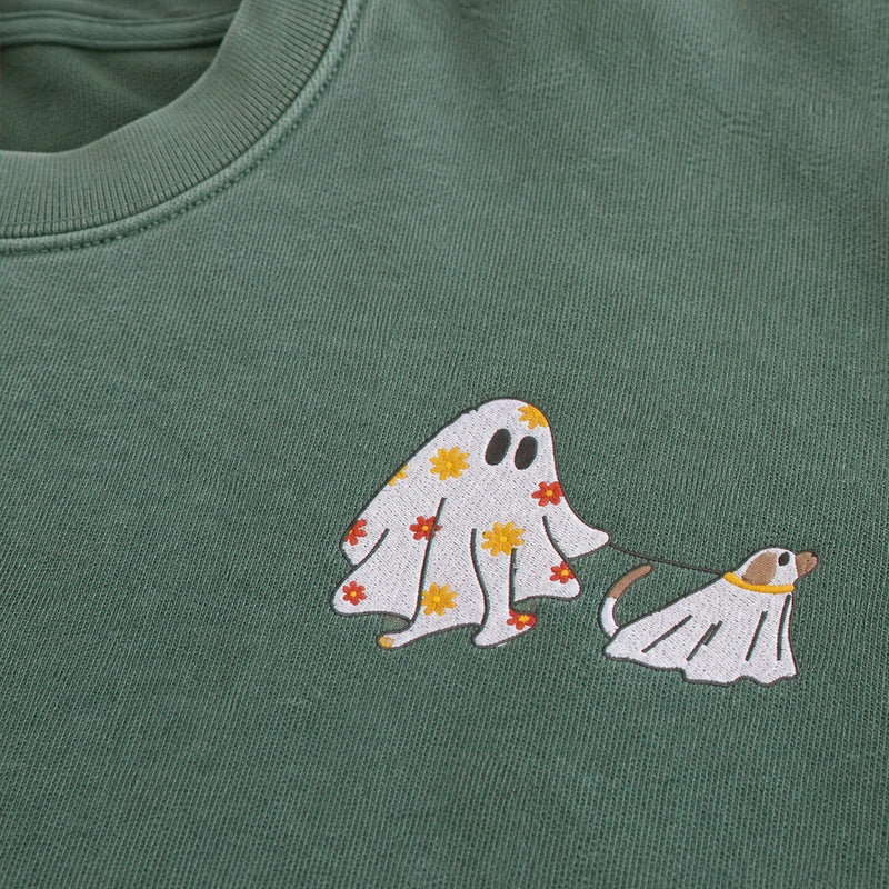 Embroidered Comfort Colors® Сute Walking Ghost Dog Sweatshirt - Retro Fall Season Gift