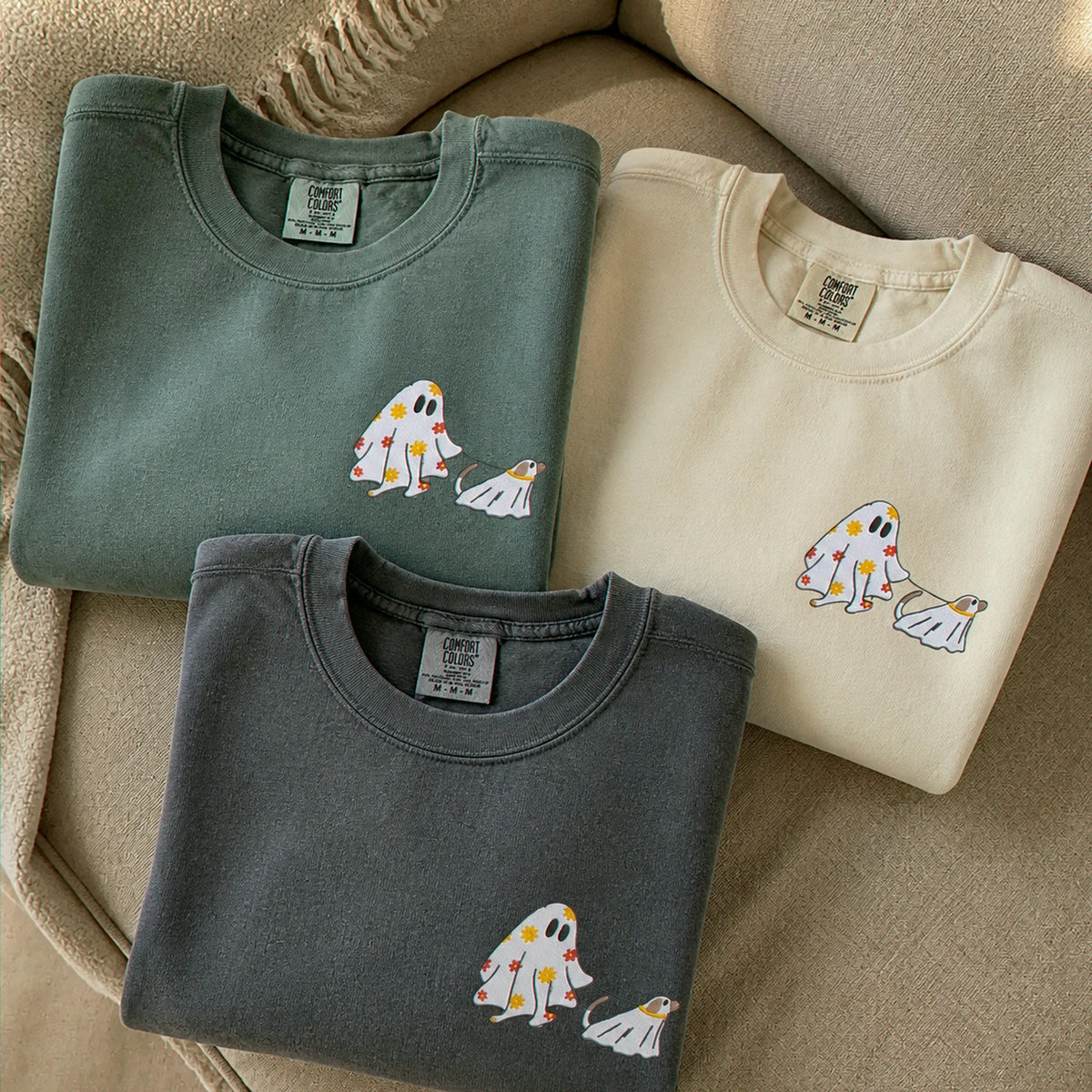 Embroidered Comfort Colors® Сute Walking Ghost Dog Sweatshirt - Retro Fall Season Gift