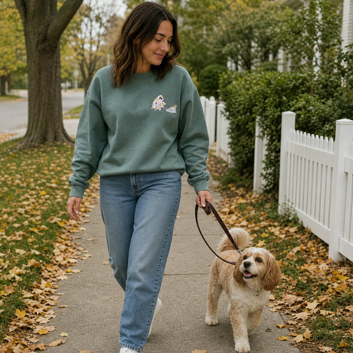 Embroidered Comfort Colors® Сute Walking Ghost Dog Sweatshirt - Retro Fall Season Gift