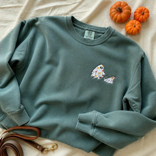 Embroidered Comfort Colors® Сute Walking Ghost Dog Sweatshirt - Retro Fall Season Gift