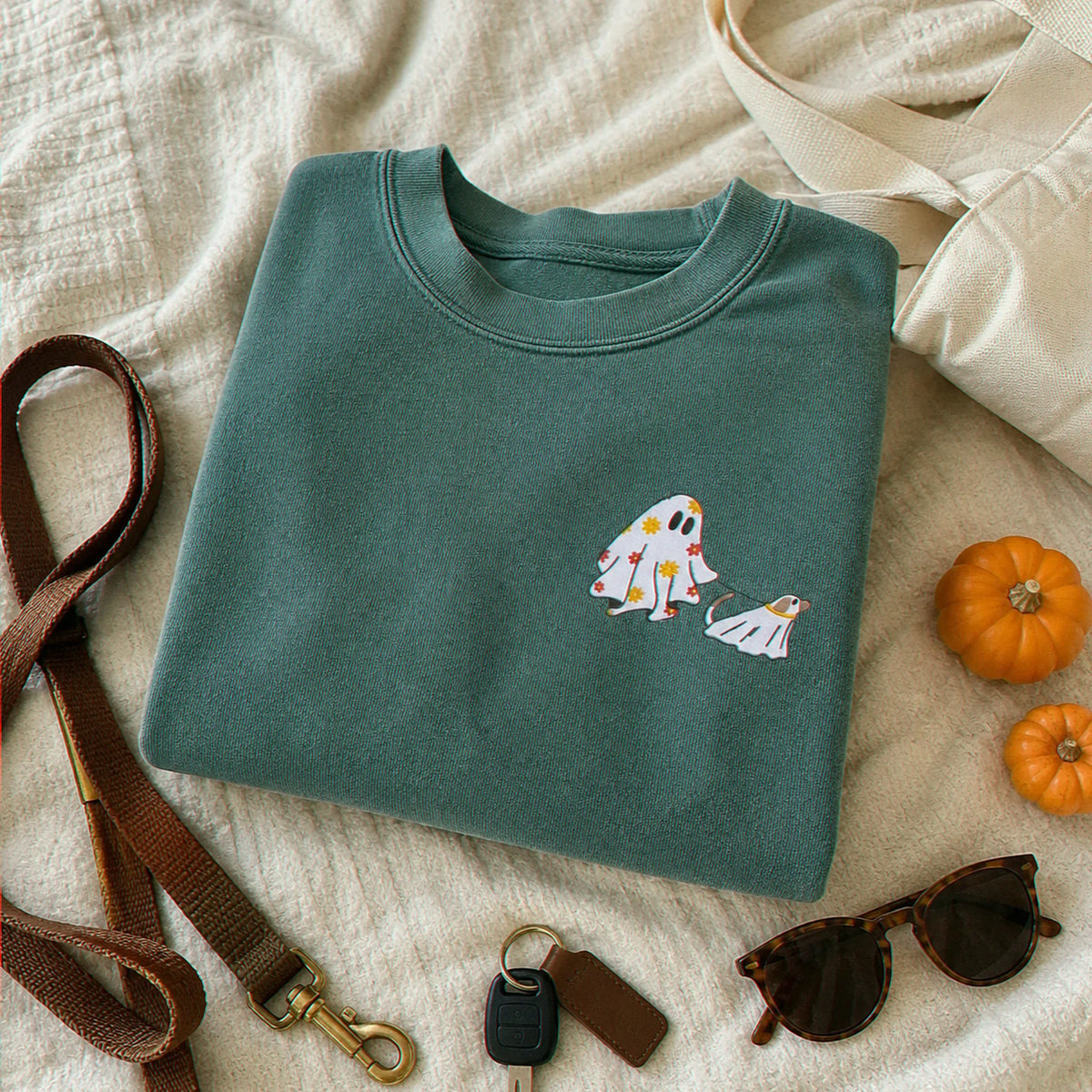 Embroidered Comfort Colors® Сute Walking Ghost Dog Sweatshirt - Retro Fall Season Gift