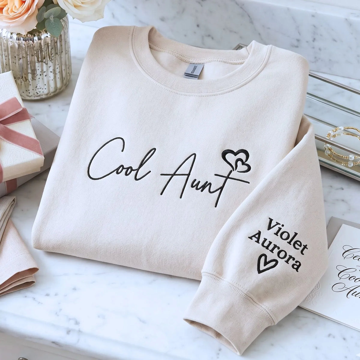 personalized cool aunt sweatshirt with custom embroidered name on cozy hoodie gift for aunt