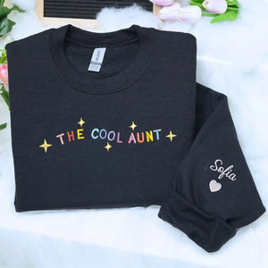 Custom cool aunt sweatshirt with embroidered mama text and child name on sleeve personalized gift for mom