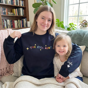Custom cool aunt sweatshirt with embroidered mama text and child name on sleeve personalized gift for mom