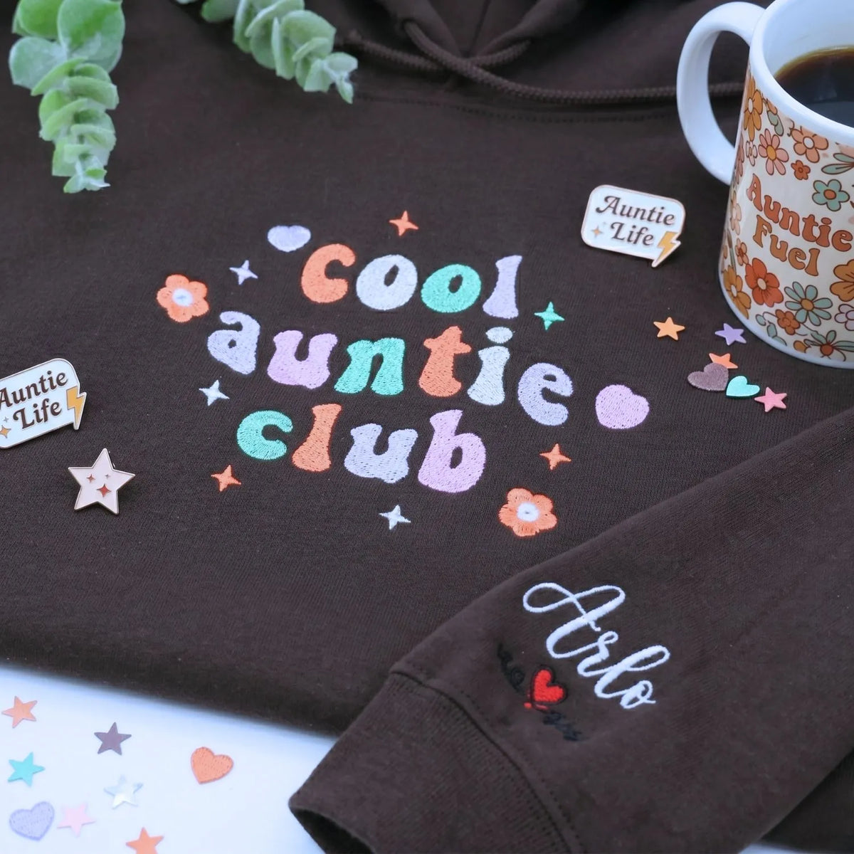 custom cool aunt sweatshirt with embroidered names on sleeve personalized hoodie gift for aunt