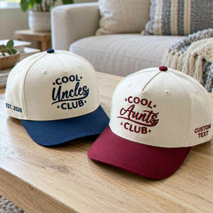 Custom embroidered 'Cool Uncles Club' and 'Cool Aunts Club' caps. Perfect personalized gifts for aunts and uncles-to-be, available with customizable text and establishing year.