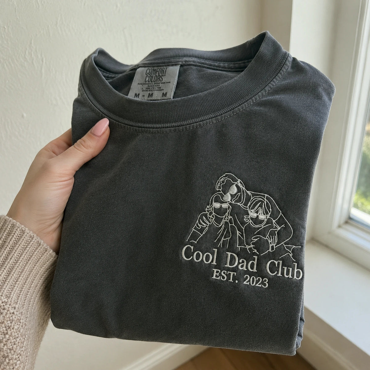 Personalized Cool Dad Club Photo Line Art T-Shirt with Embroidered Outline Gift for Father's Day, Gift from Wife
