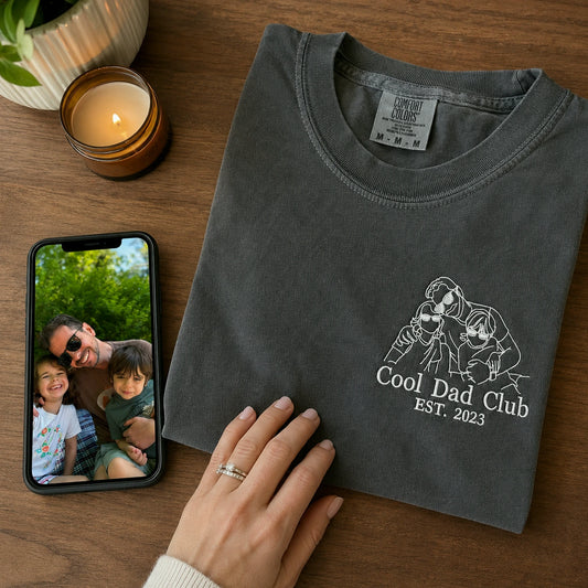 Personalized Cool Dad Club Photo Line Art T-Shirt with Embroidered Outline Gift for Father's Day, Gift from Wife