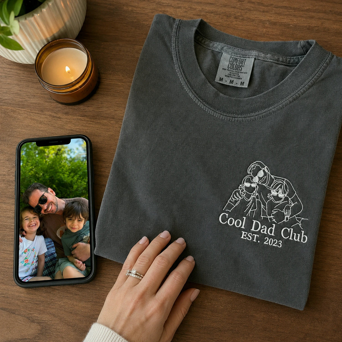Personalized Cool Dad Club Photo Line Art T-Shirt with Embroidered Outline Gift for Father's Day, Gift from Wife