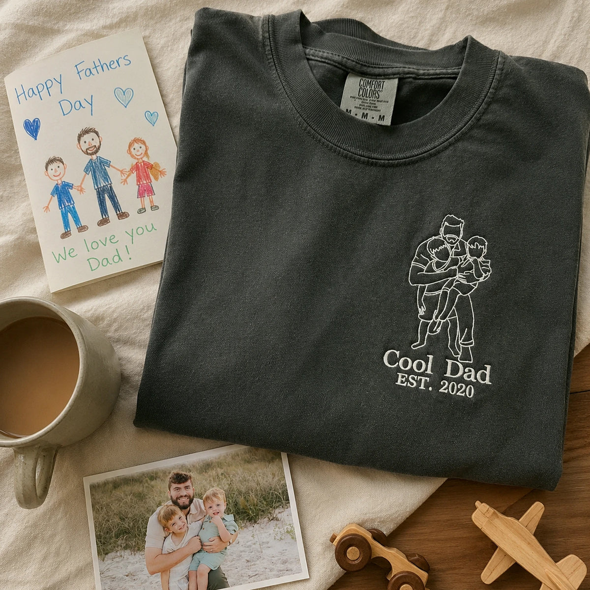 Personalized Cool Dad Photo Gift for Husbands Father's Day with Embroidered Outline T-Shirt