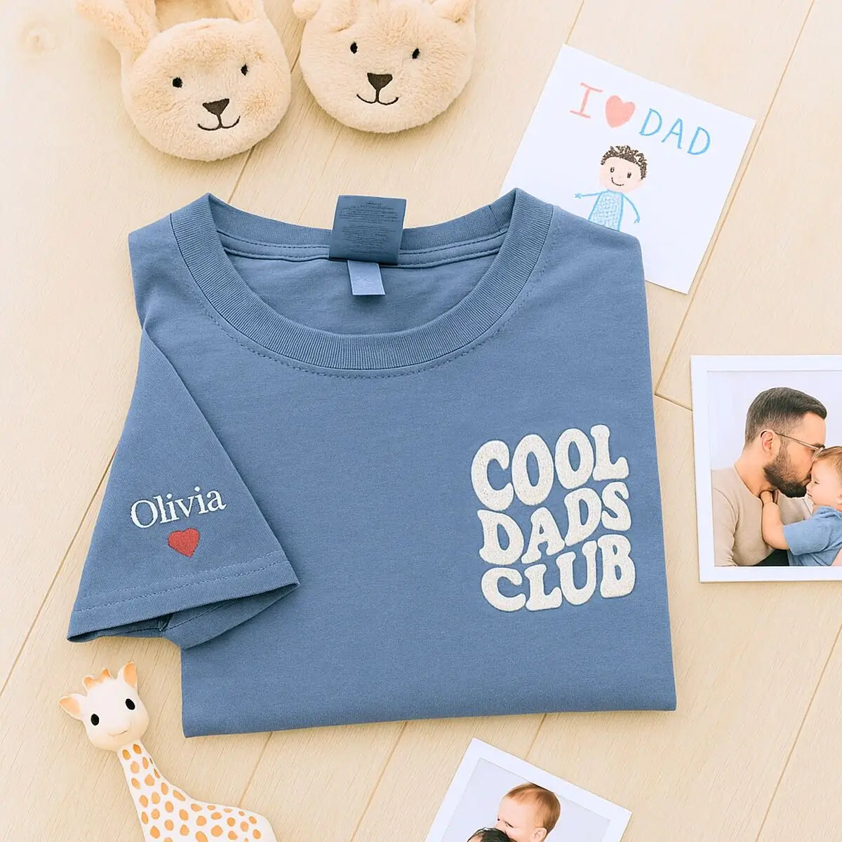 Custom embroidered Cool Dads Club shirt with kid name on sleeve