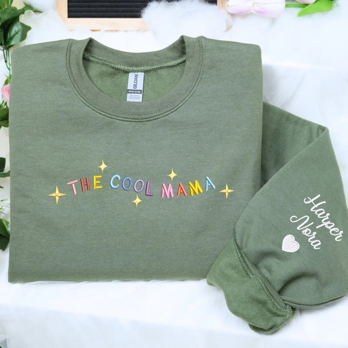 Custom cool mama sweatshirt with embroidered mama text and child name on sleeve personalized gift for mom