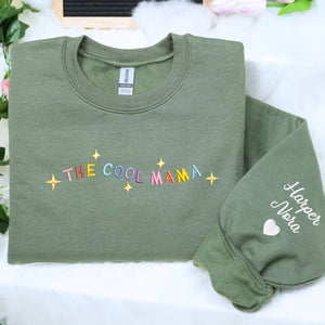 Custom cool mama sweatshirt with embroidered mama text and child name on sleeve personalized gift for mom