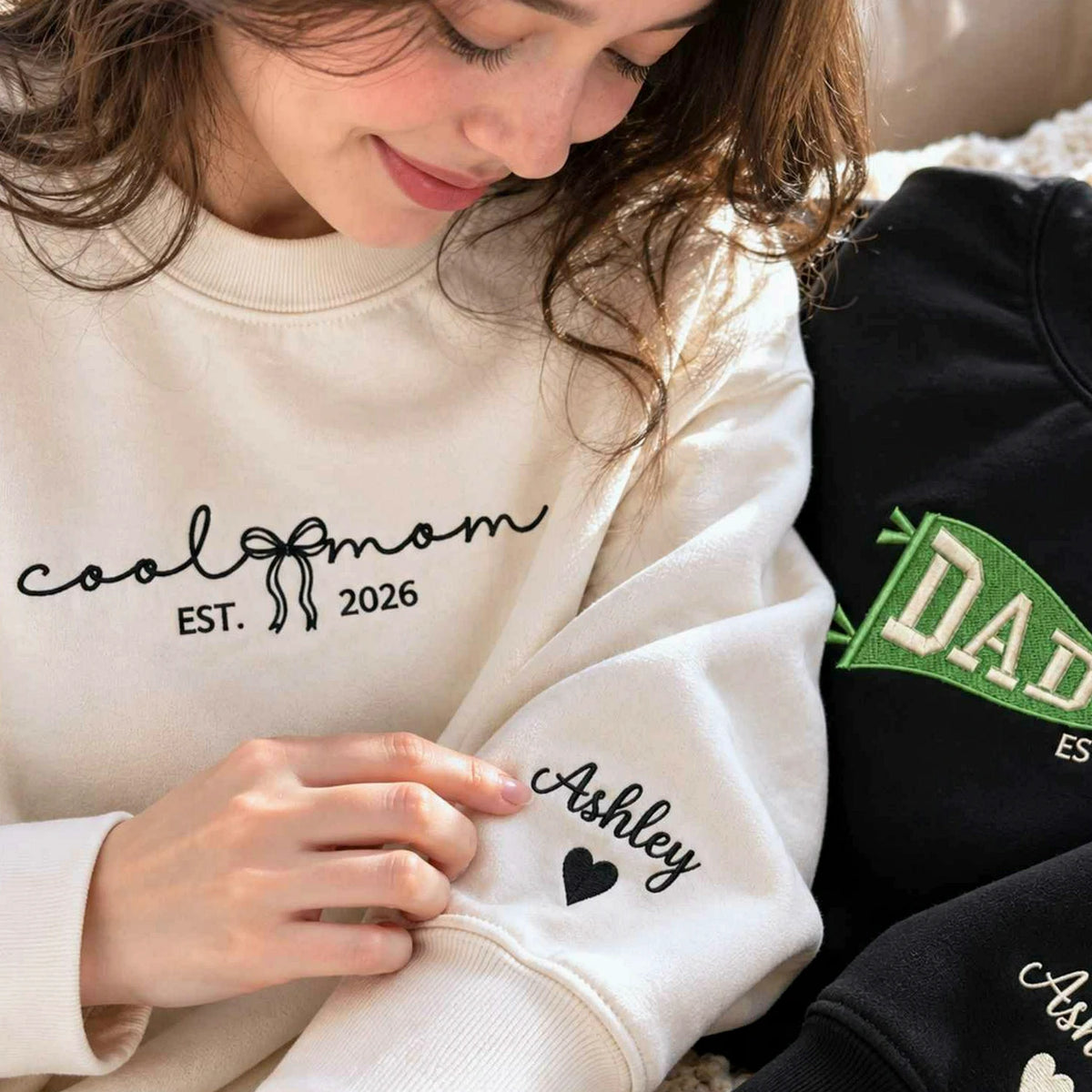 Matching Cool Mom and Cool Dad Sweatshirts, Embroidered Flag and Names Crewneck, Gifts for New Parents