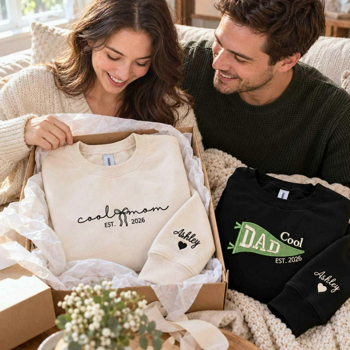 Matching Cool Mom and Cool Dad Sweatshirts, Embroidered Flag and Names Crewneck, Gifts for New Parents