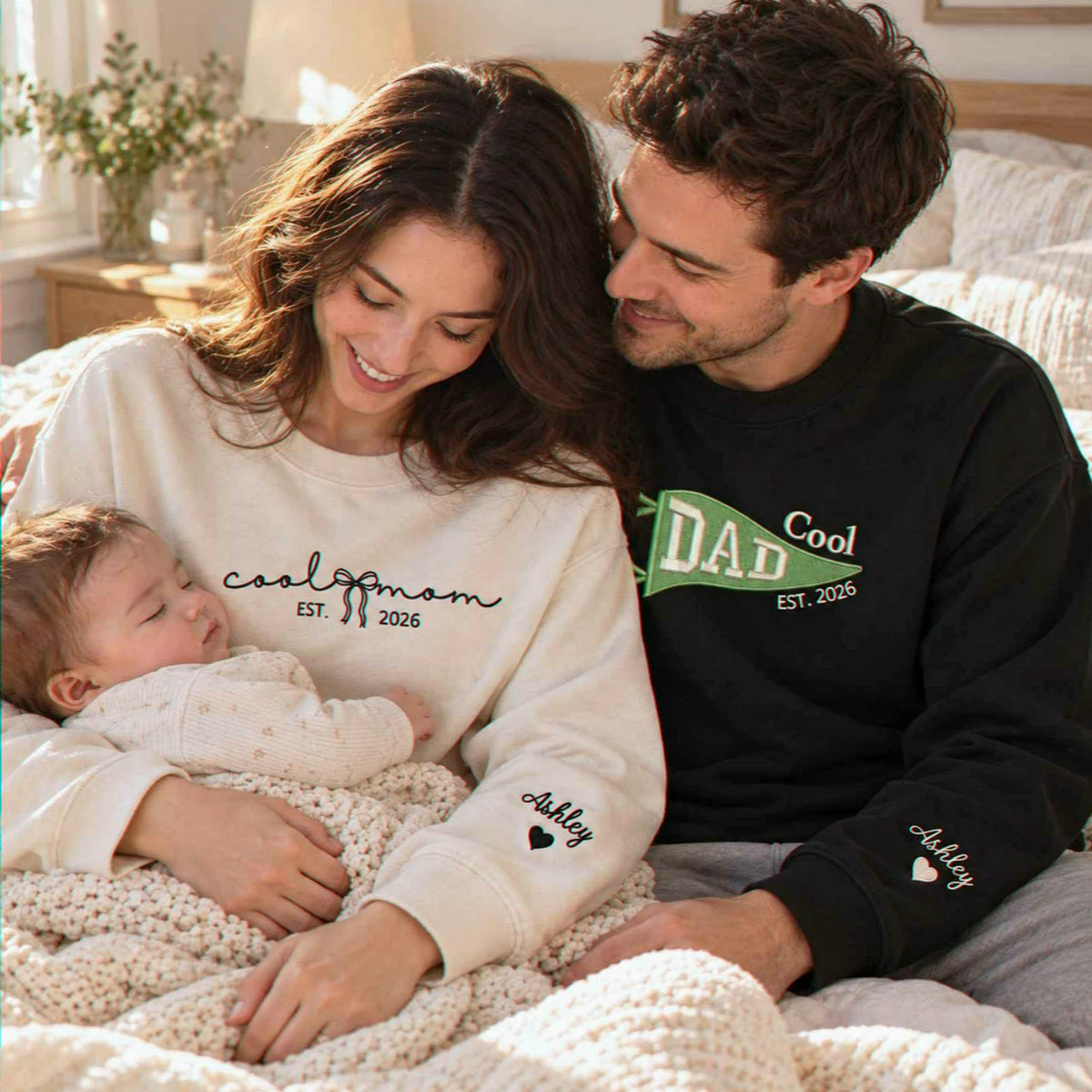 Matching Cool Mom and Cool Dad Sweatshirts, Embroidered Flag and Names Crewneck, Gifts for New Parents