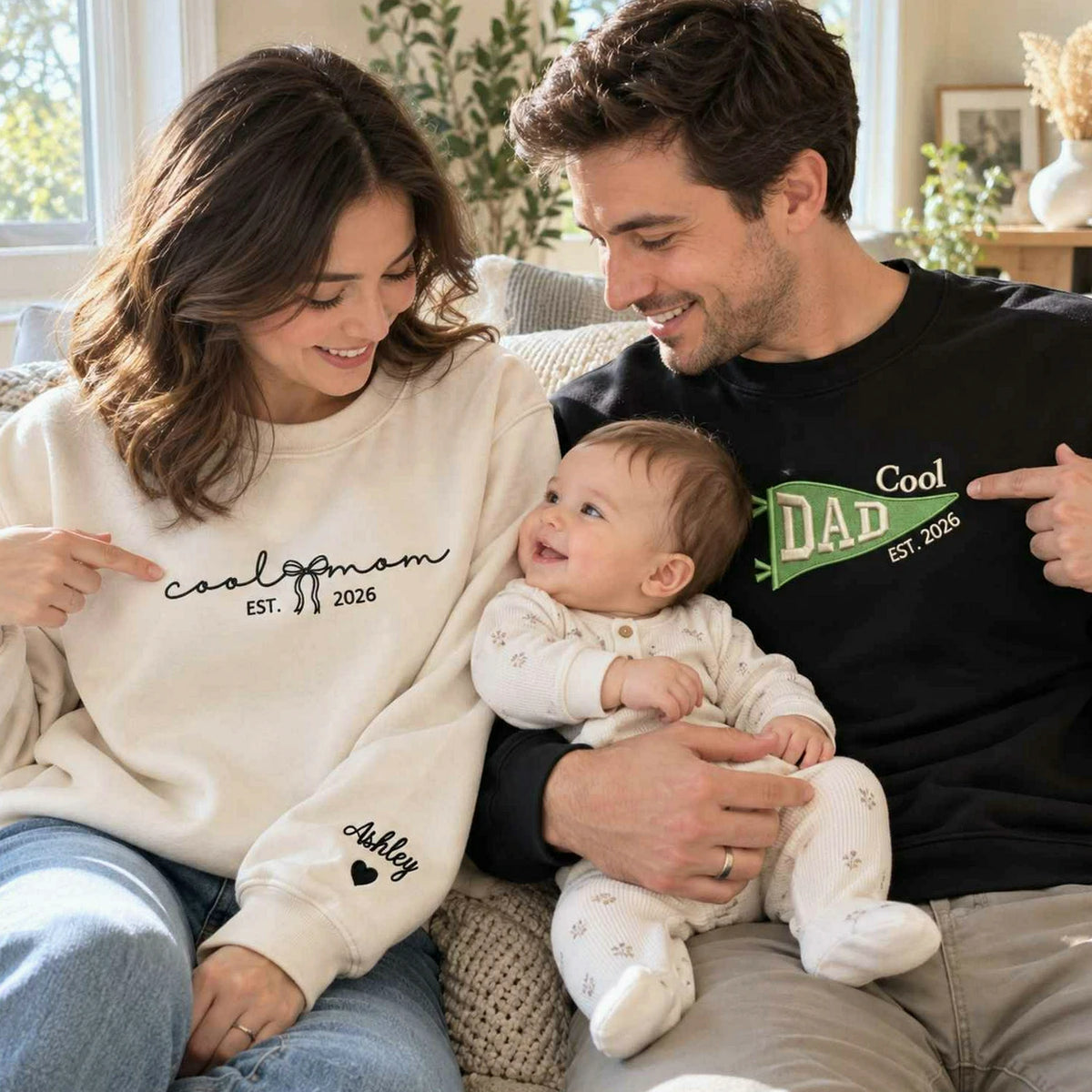 Matching Cool Mom and Cool Dad Sweatshirts, Embroidered Flag and Names Crewneck, Gifts for New Parents