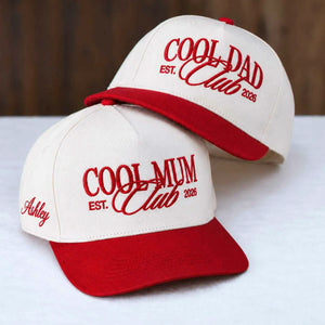 Matching embroidered Cool Mum Club and Cool Dad Club hats with personalized name for new parents gift