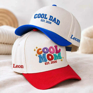 Personalized 'Cool Mom' and 'Cool Dad' caps, custom embroidered with 'EST. 2026', gift for new mom and new dad